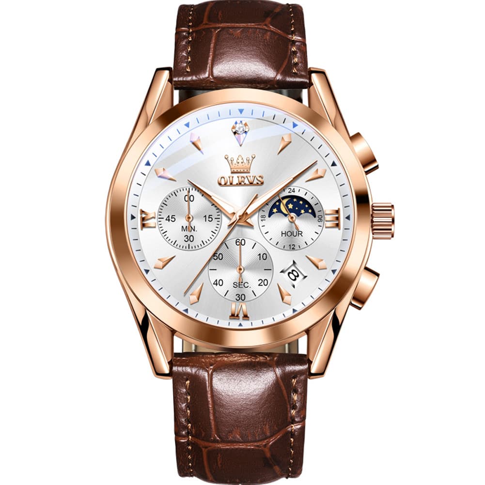 OLEVS 3609 Multifunction Leather Quartz Watch for Men - Rose White Watch | Olevs Watch Store