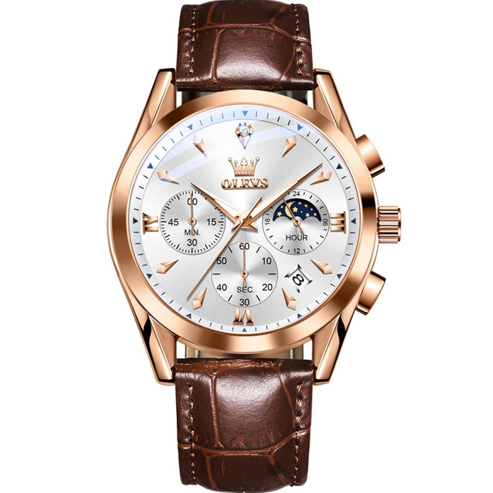 OLEVS 3609 Multifunction Leather Quartz Watch for Men - Rose White Watch | Olevs Watch Store