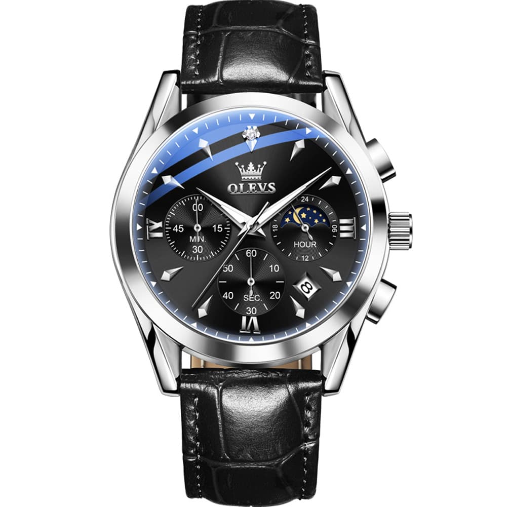 OLEVS 3609 Multifunction Leather Quartz Watch for Men - Silver Black Watch | Olevs Watch Store