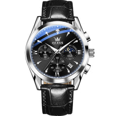 OLEVS 3609 Multifunction Leather Quartz Watch for Men - Silver Black Watch | Olevs Watch Store