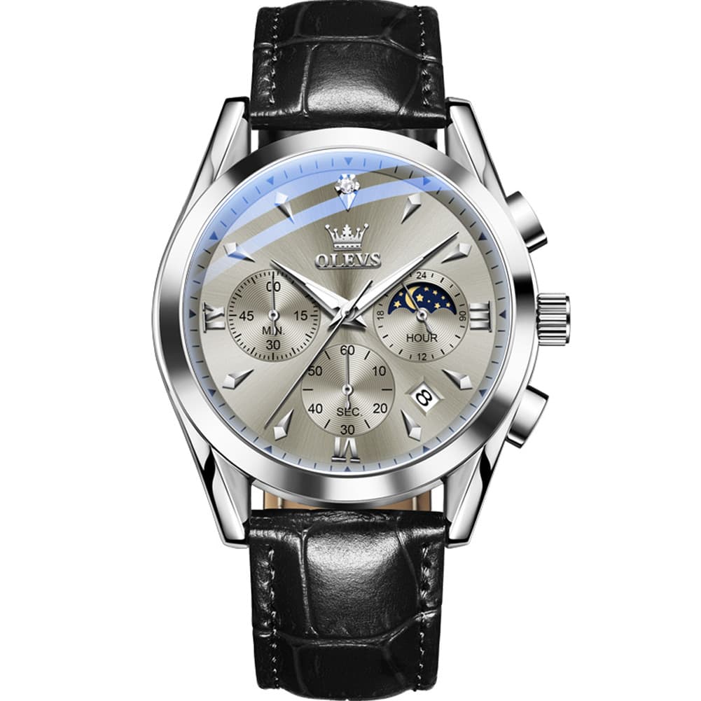 OLEVS 3609 Multifunction Leather Quartz Watch for Men - Silver Grey Watch | Olevs Watch Store