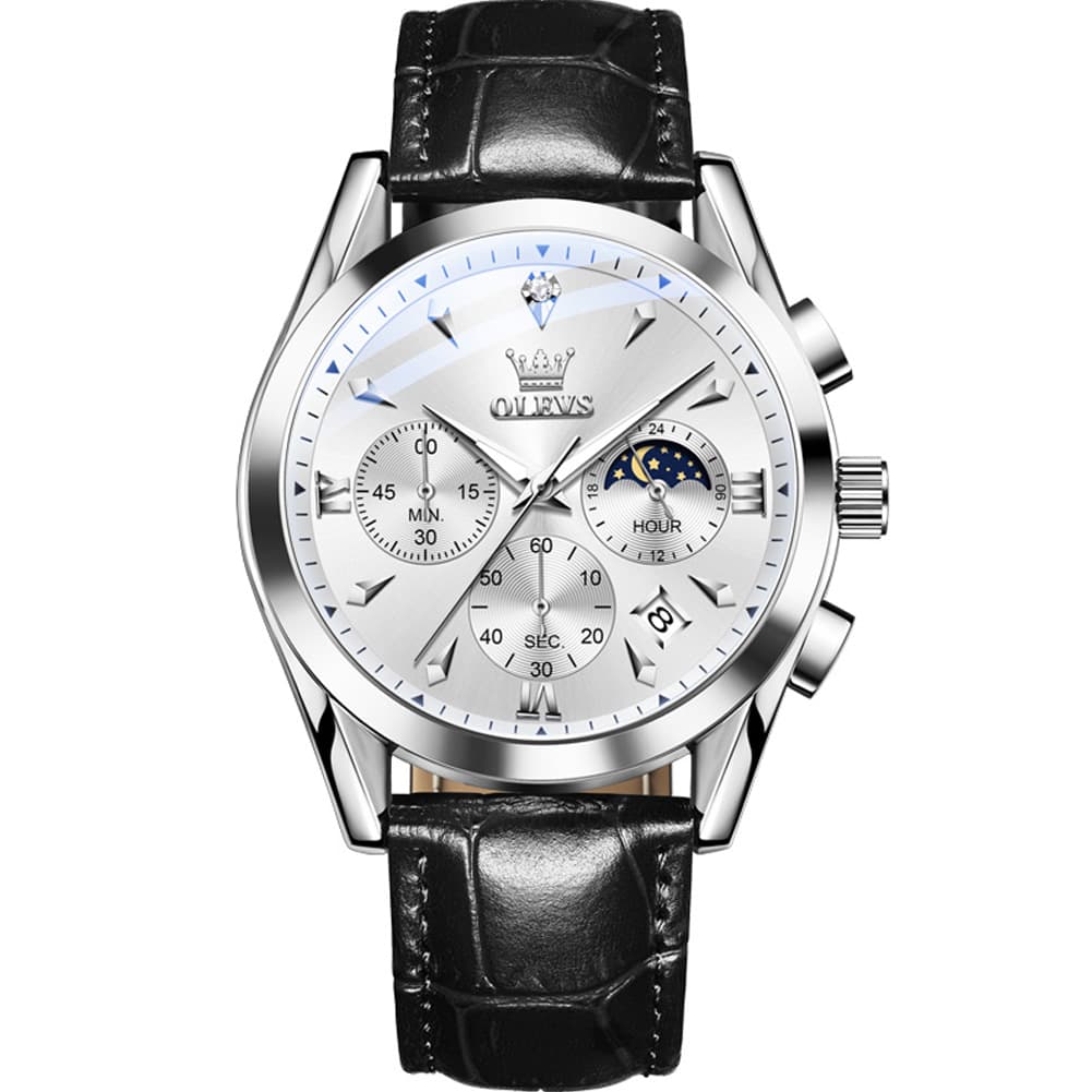 OLEVS 3609 Multifunction Leather Quartz Watch for Men - Silver White Watch | Olevs Watch Store