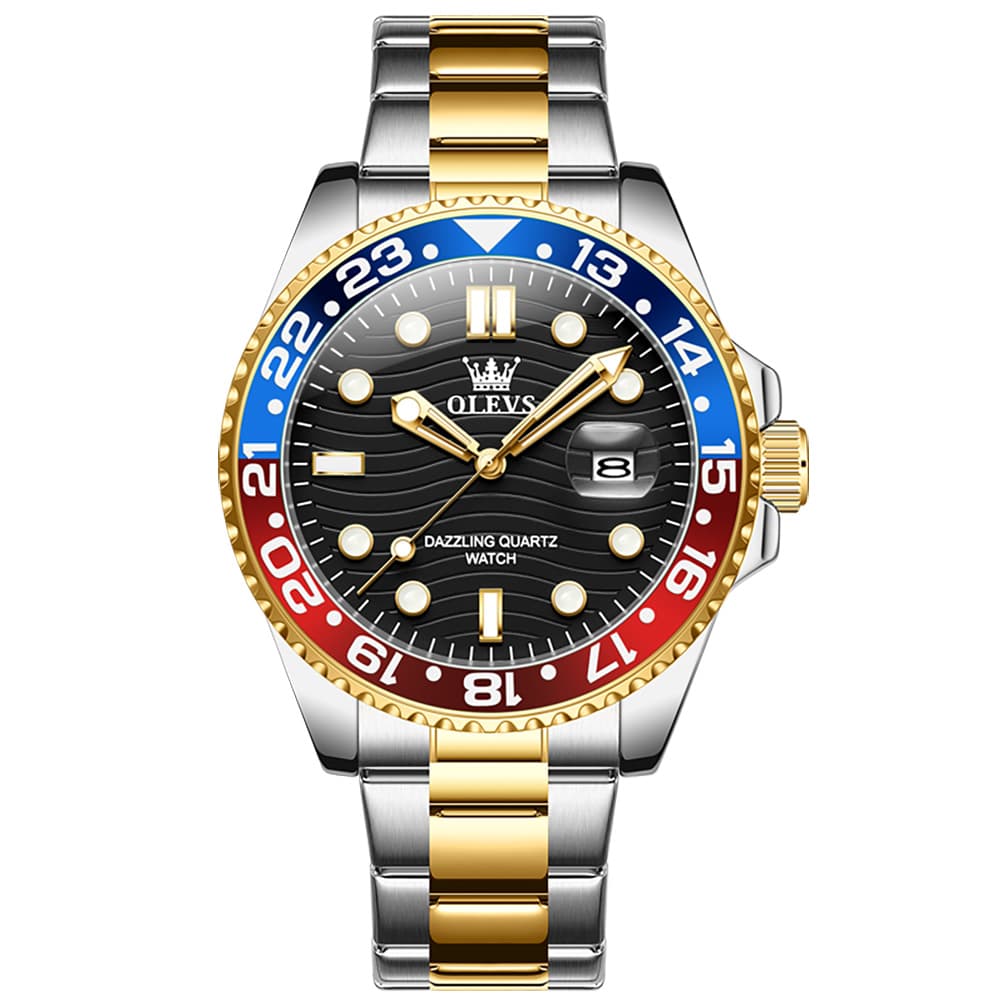 OLEVS 3610 Dive Style Steel Quartz Watch for Men - Black Gold Watch | Olevs Watch Store