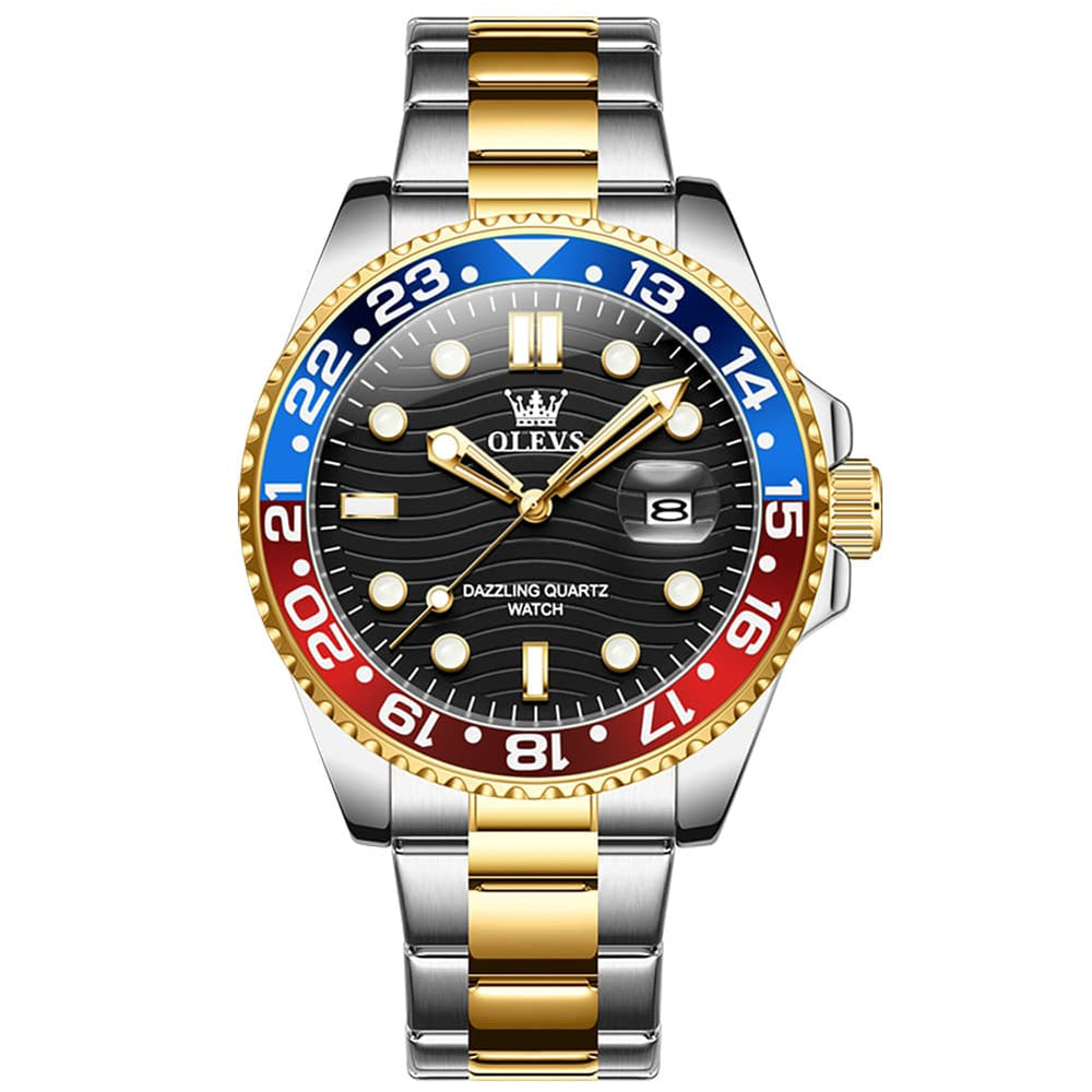 OLEVS 3610 Dive Style Steel Quartz Watch for Men - Black Gold Watch | Olevs Watch Store