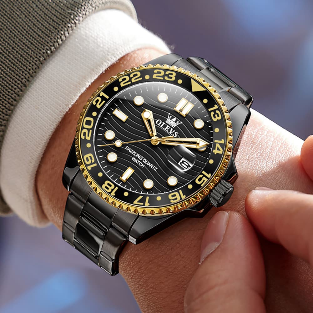 OLEVS 3610 Dive Style Steel Quartz Watch for Men - Black Gold Watch | Olevs Watch Store
