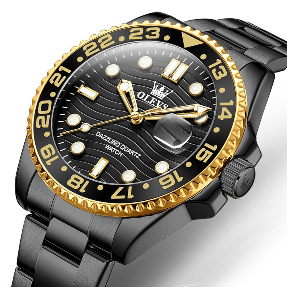 OLEVS 3610 Dive Style Steel Quartz Watch for Men - Black Gold Watch | Olevs Watch Store