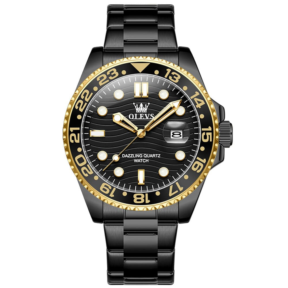 OLEVS 3610 Dive Style Steel Quartz Watch for Men - Black Gold Watch | Olevs Watch Store