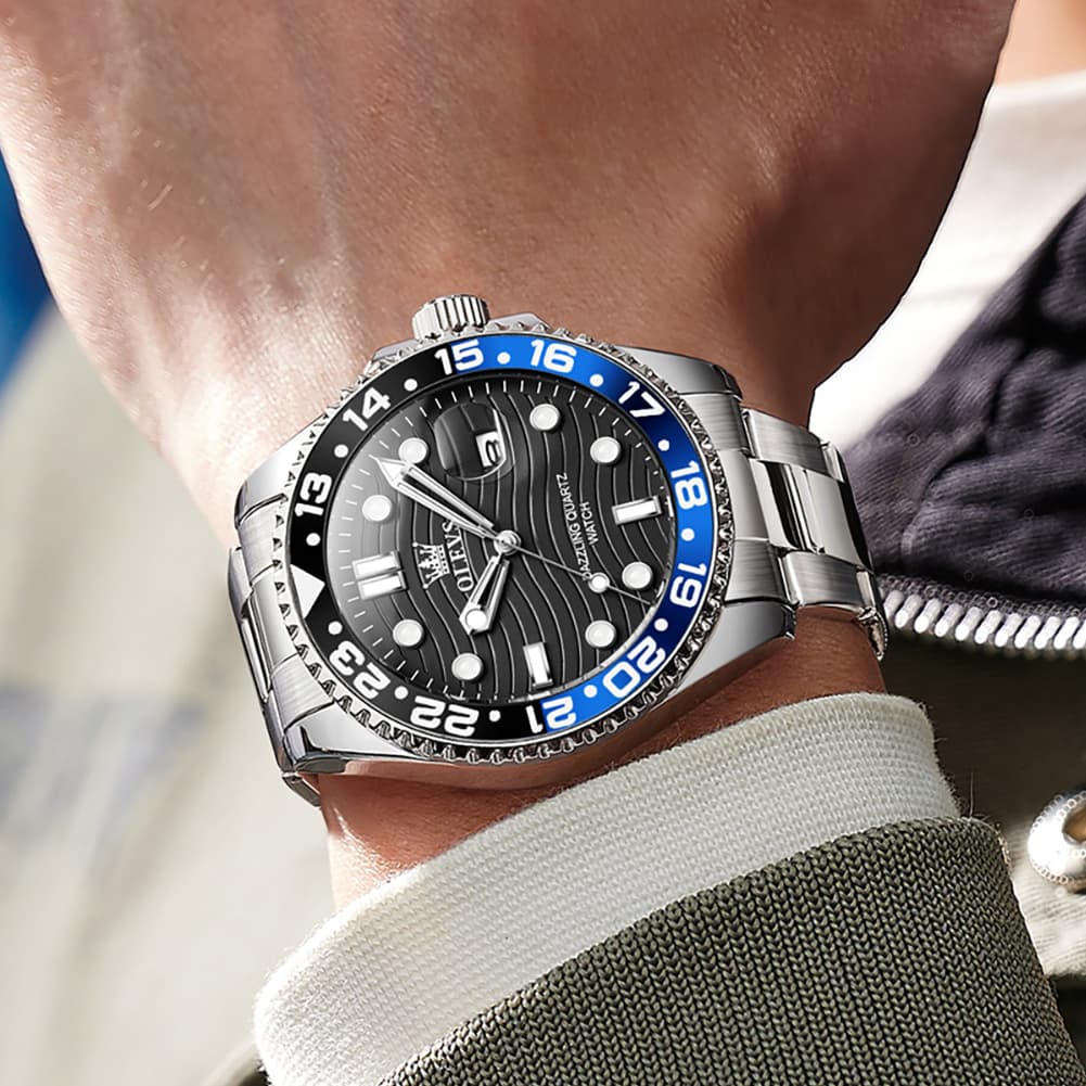 OLEVS 3610 Dive Style Steel Quartz Watch for Men - Black Gold Watch | Olevs Watch Store