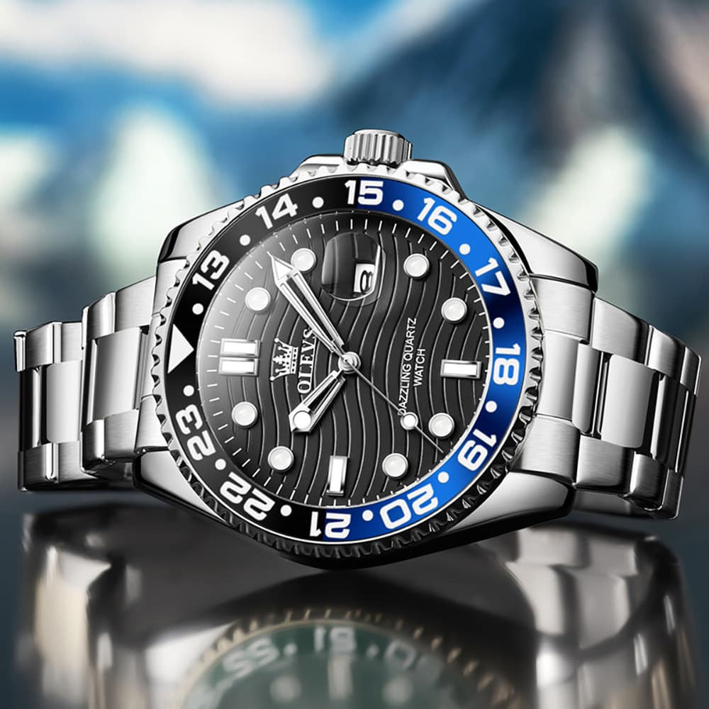 OLEVS 3610 Dive Style Steel Quartz Watch for Men - Black Gold Watch | Olevs Watch Store