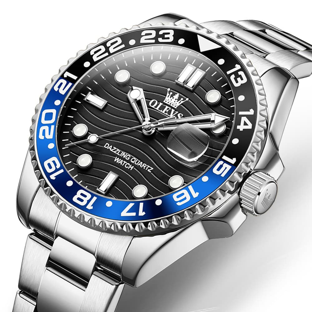 OLEVS 3610 Dive Style Steel Quartz Watch for Men - Silver Blue Black Watch | Olevs Watch Store
