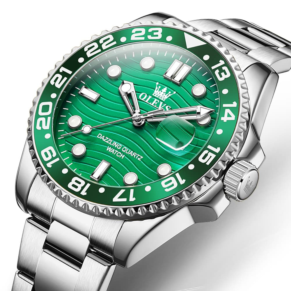 OLEVS 3610 Dive Style Steel Quartz Watch for Men - Silver Green Watch | Olevs Watch Store