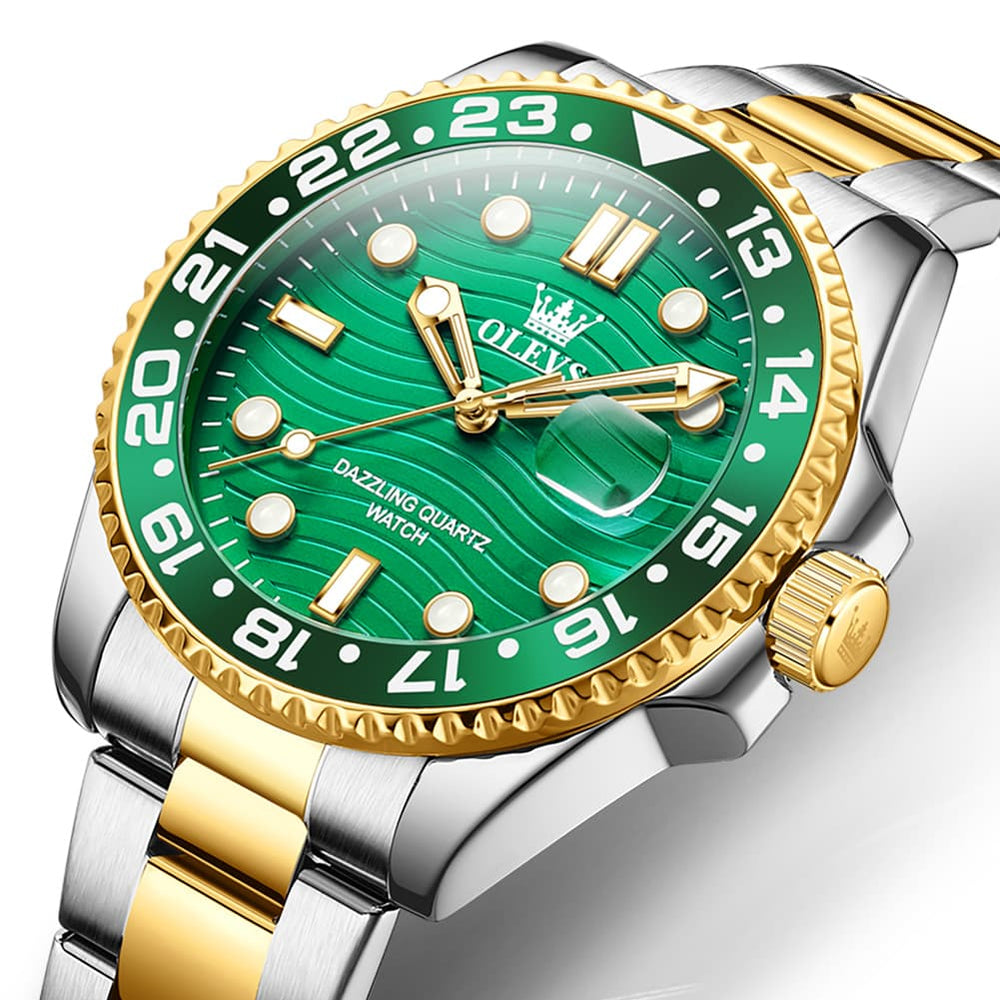 OLEVS 3610 Dive Style Steel Quartz Watch for Men - Two Tone Green Watch | Olevs Watch Store