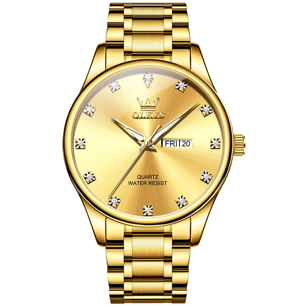 OLEVS 3612 Diamond Dial Quartz Steel Watch for Men - All Gold Watch | Olevs Watch Store