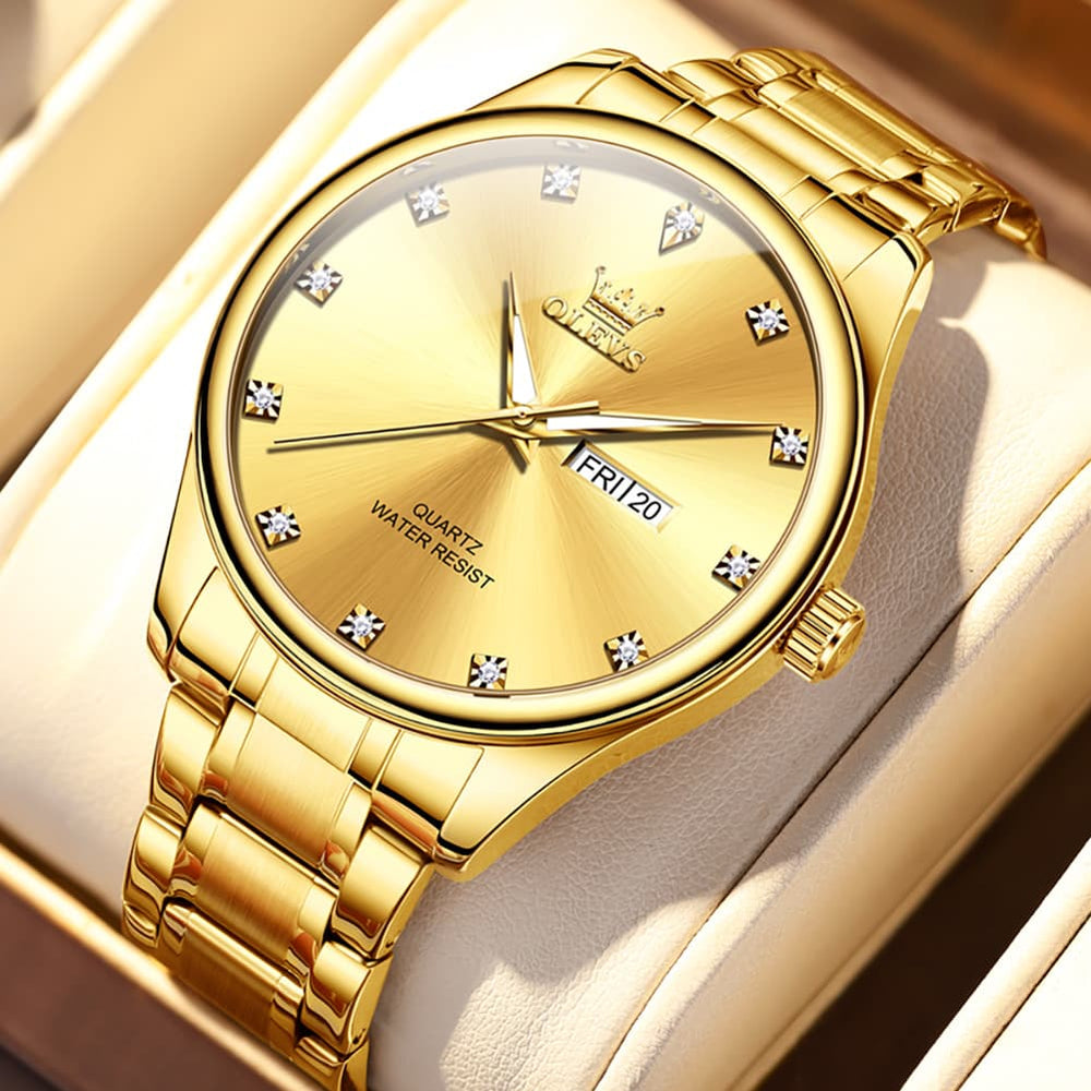 OLEVS 3612 Diamond Dial Quartz Steel Watch for Men - All Gold Watch | Olevs Watch Store