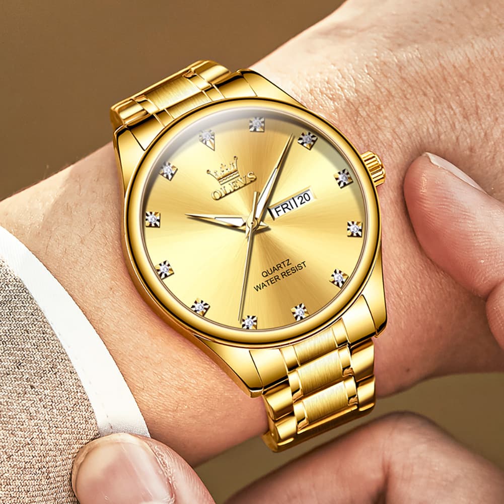 OLEVS 3612 Diamond Dial Quartz Steel Watch for Men - All Gold Watch | Olevs Watch Store