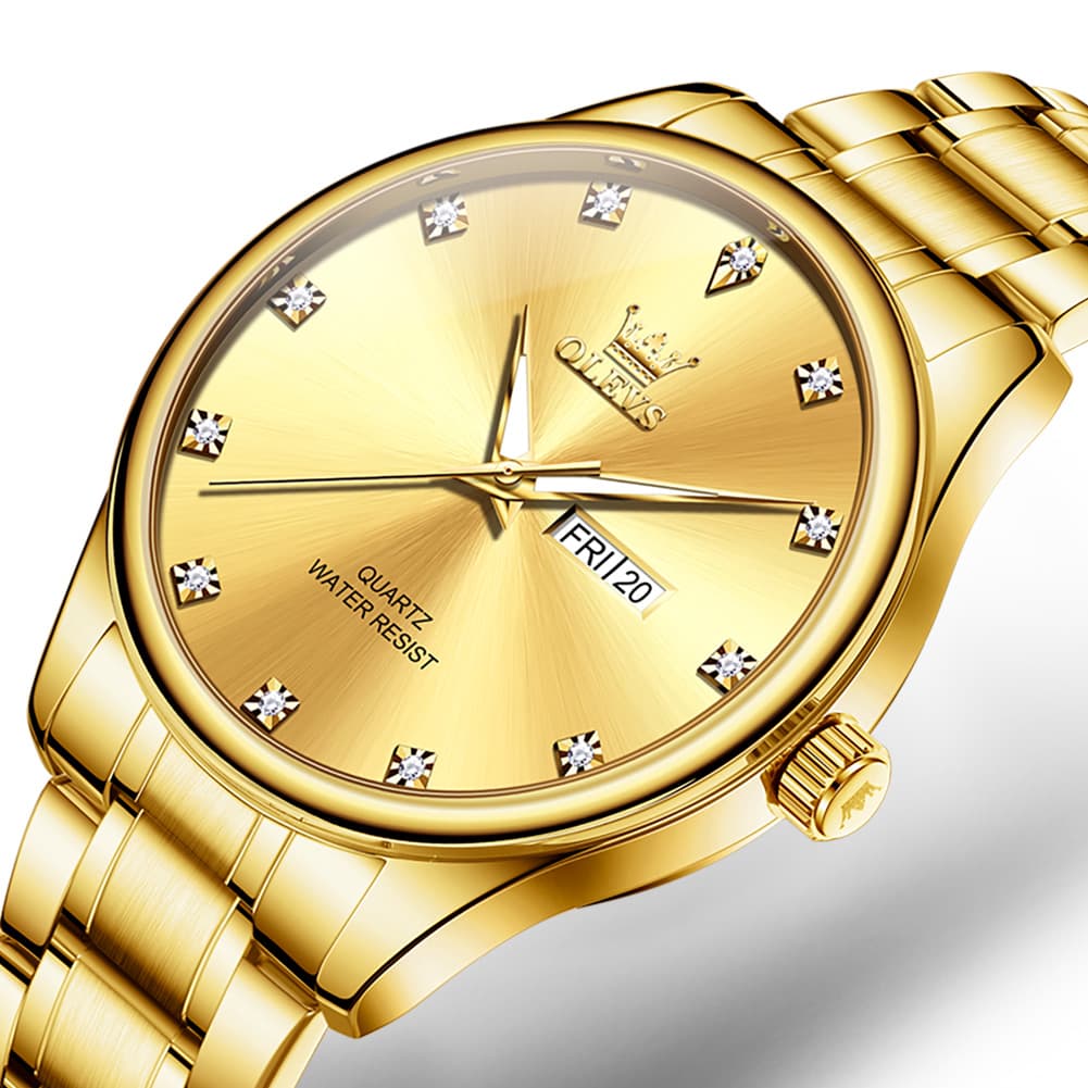 OLEVS 3612 Diamond Dial Quartz Steel Watch for Men - All Gold Watch | Olevs Watch Store