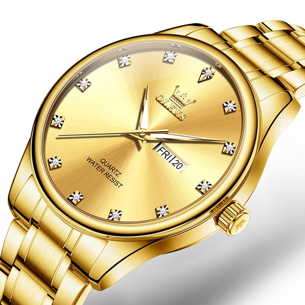 OLEVS 3612 Diamond Dial Quartz Steel Watch for Men - All Gold Watch | Olevs Watch Store