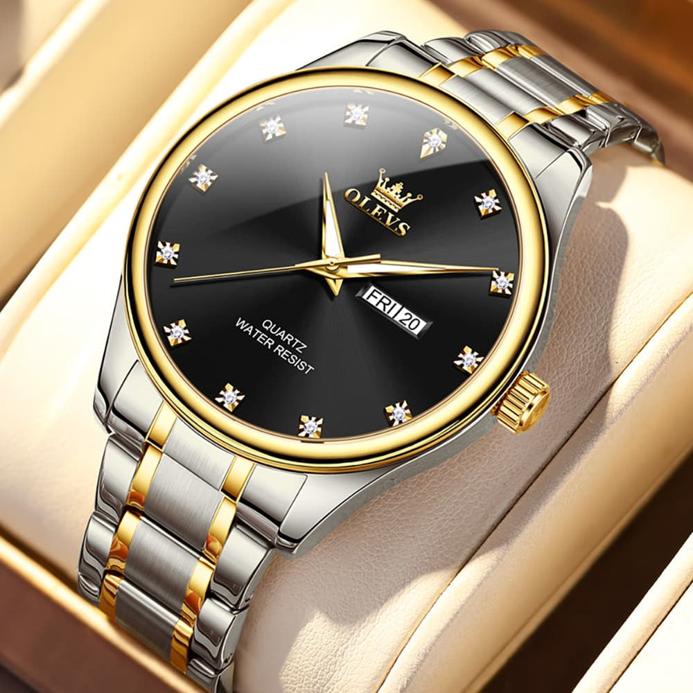 OLEVS 3612 Diamond Dial Quartz Steel Watch for Men - All Gold Watch | Olevs Watch Store