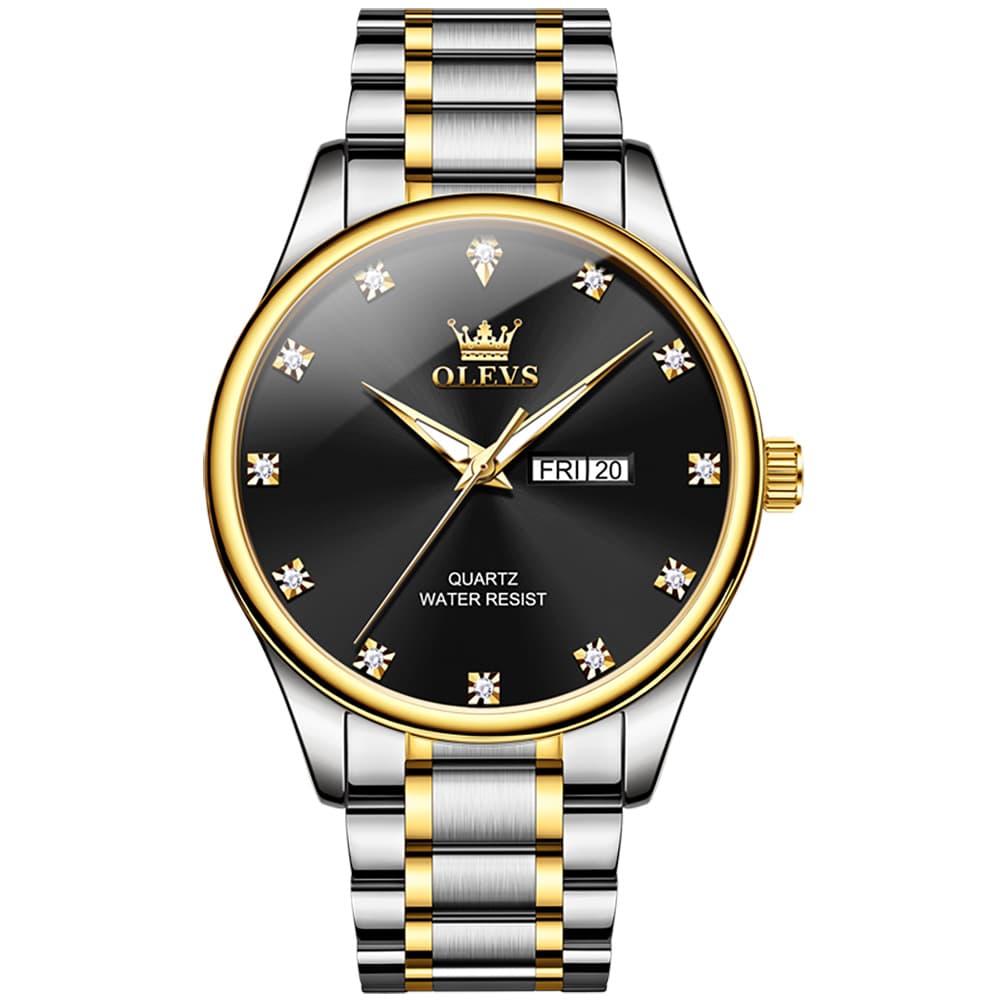 OLEVS 3612 Diamond Dial Quartz Steel Watch for Men - Two Tone Black Watch | Olevs Watch Store