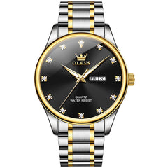 OLEVS 3612 Diamond Dial Quartz Steel Watch for Men - Two Tone Black Watch | Olevs Watch Store