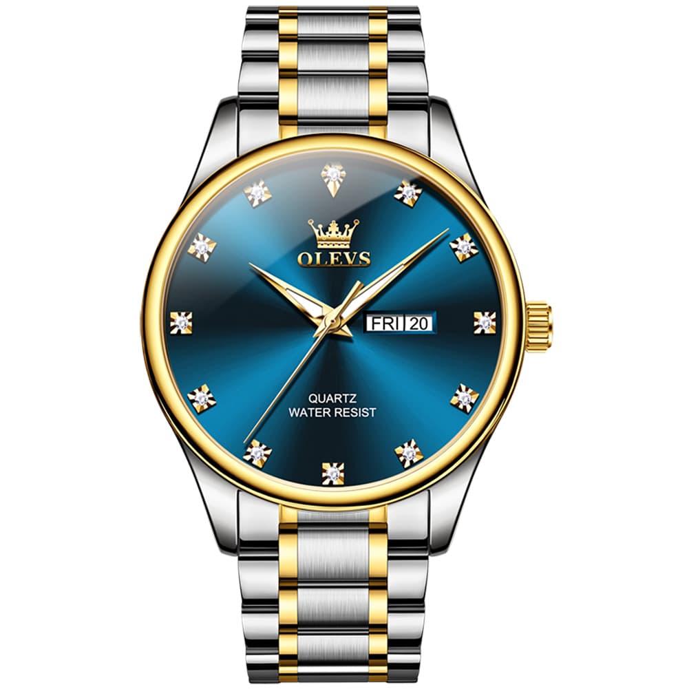 OLEVS 3612 Diamond Dial Quartz Steel Watch for Men - Two Tone Blue Watch | Olevs Watch Store