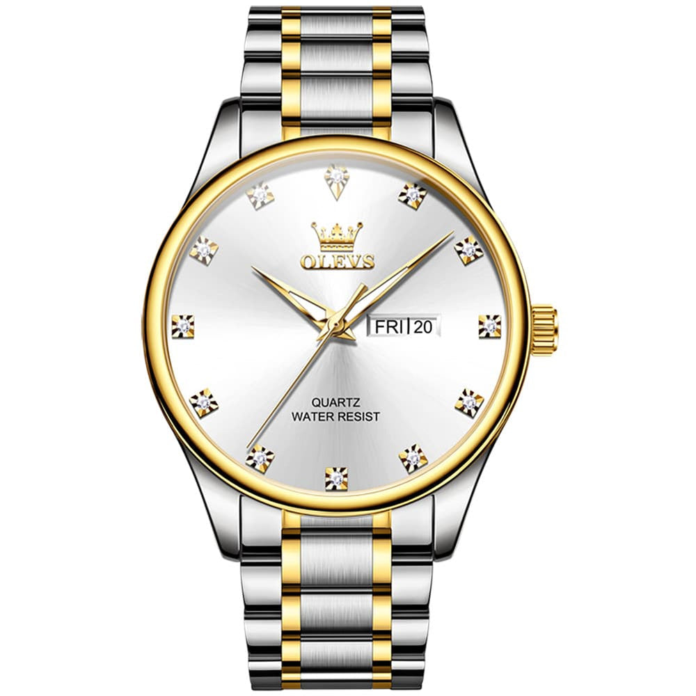 OLEVS 3612 Diamond Dial Quartz Steel Watch for Men - Two Tone White Watch | Olevs Watch Store