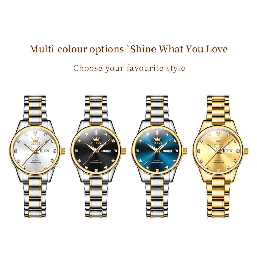 OLEVS 3612 Diamond Dial Quartz Steel Watch for Women - All Gold Watch | Olevs Watch Store