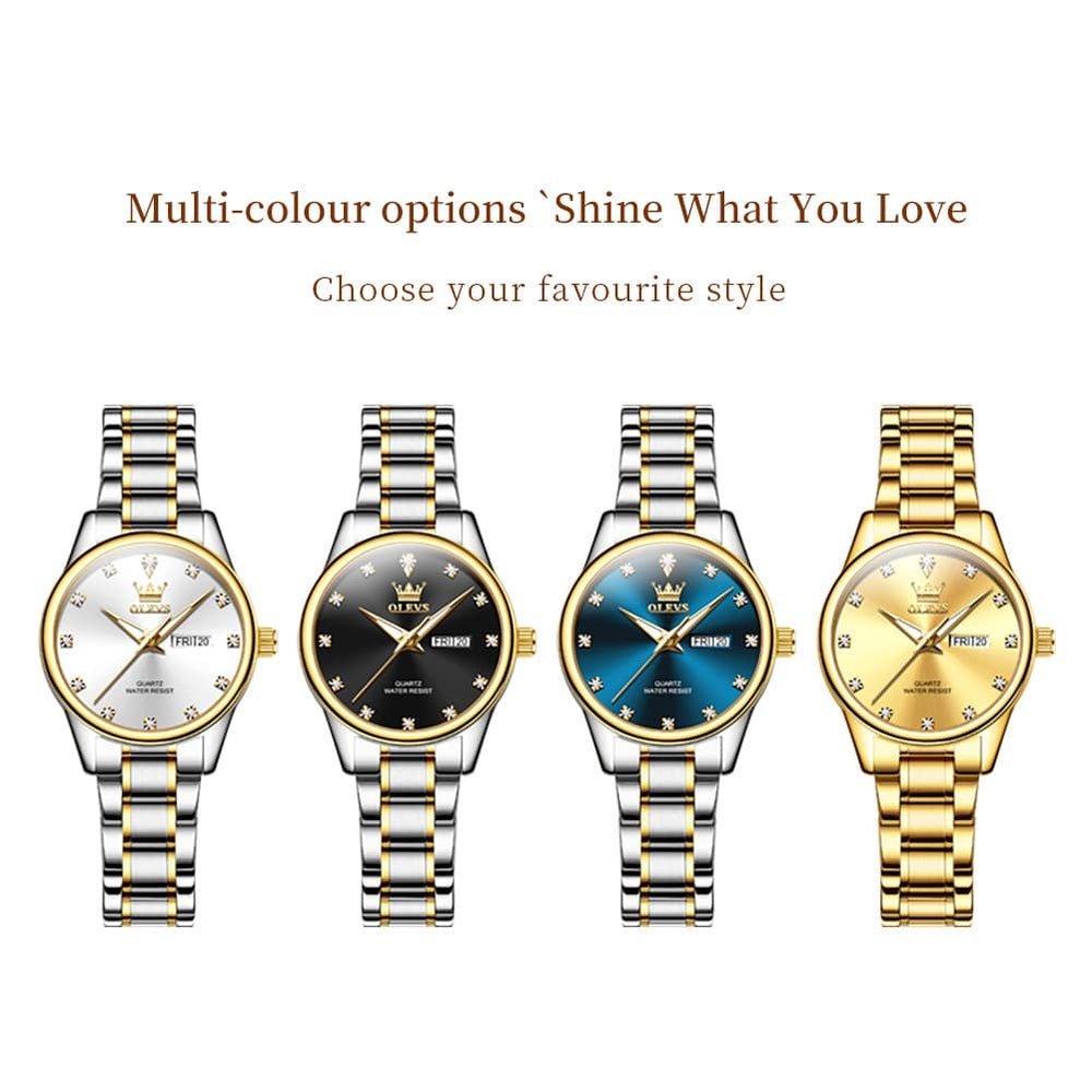 OLEVS 3612 Diamond Dial Quartz Steel Watch for Women - All Gold Watch | Olevs Watch Store