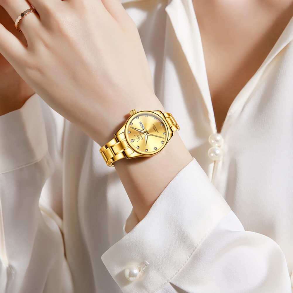OLEVS 3612 Diamond Dial Quartz Steel Watch for Women - All Gold Watch | Olevs Watch Store