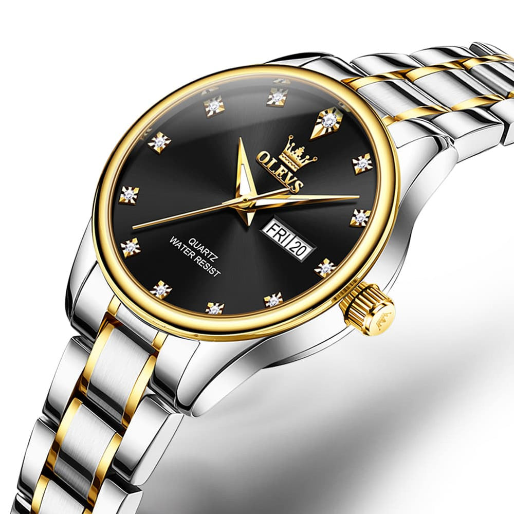 OLEVS 3612 Diamond Dial Quartz Steel Watch for Women - Two Tone Black Watch | Olevs Watch Store