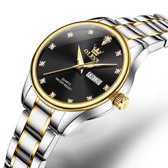 OLEVS 3612 Diamond Dial Quartz Steel Watch for Women - Two Tone Black Watch | Olevs Watch Store