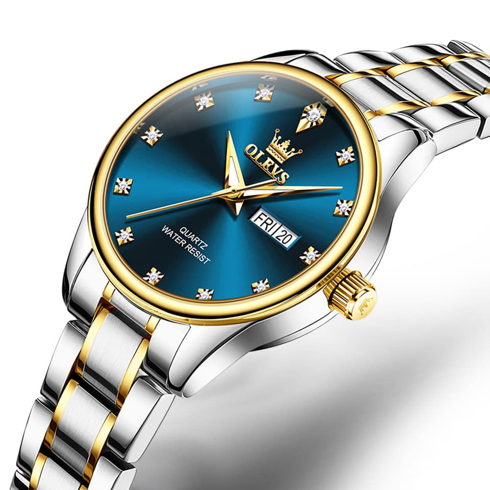 OLEVS 3612 Diamond Dial Quartz Steel Watch for Women - Two Tone Blue Watch | Olevs Watch Store