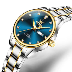 OLEVS 3612 Diamond Dial Quartz Steel Watch for Women - Two Tone Blue Watch | Olevs Watch Store