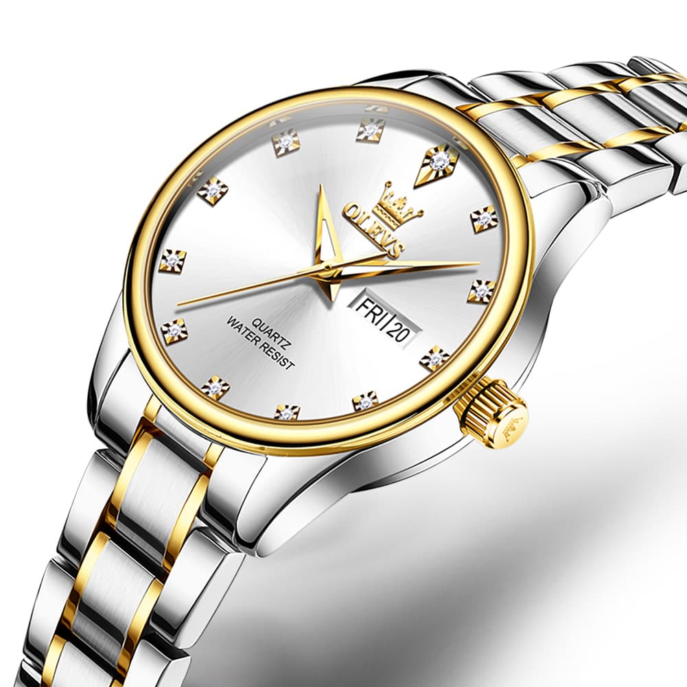 OLEVS 3612 Diamond Dial Quartz Steel Watch for Women - Two Tone White Watch | Olevs Watch Store