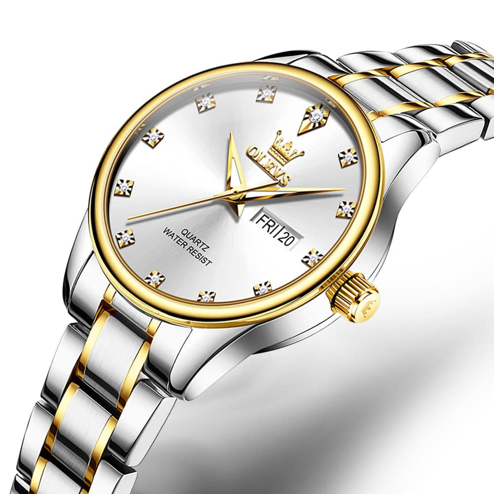 OLEVS 3612 Diamond Dial Quartz Steel Watch for Women - Two Tone White Watch | Olevs Watch Store