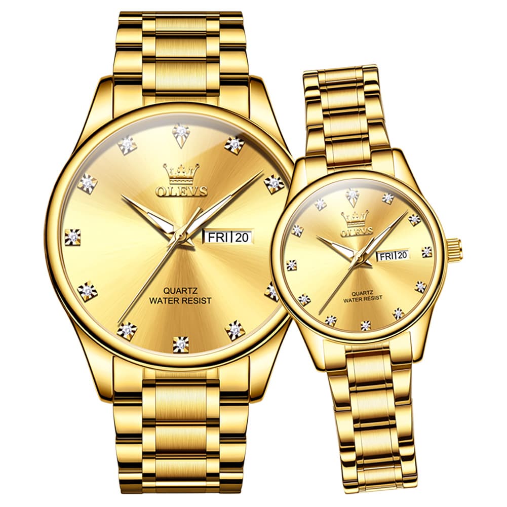 OLEVS 3612Q Diamond Dial Quartz Couple Watches Set - All Gold Watch | Olevs Watch Store