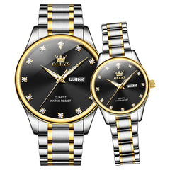 OLEVS 3612Q Diamond Dial Quartz Couple Watches Set - Two Tone Black Watch | Olevs Watch Store
