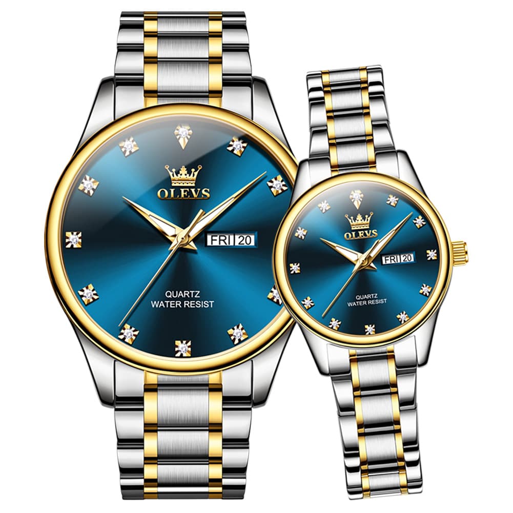 OLEVS 3612Q Diamond Dial Quartz Couple Watches Set - Two Tone Blue Watch | Olevs Watch Store