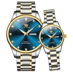 OLEVS 3612Q Diamond Dial Quartz Couple Watches Set - Two Tone Blue Watch | Olevs Watch Store