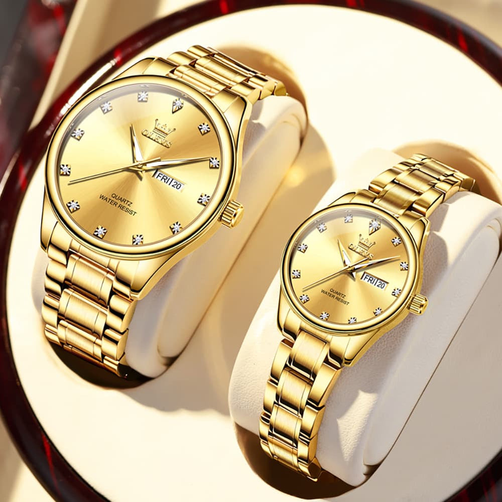 OLEVS 3612Q Diamond Dial Quartz Couple Watches Set - Two Tone White Watch | Olevs Watch Store
