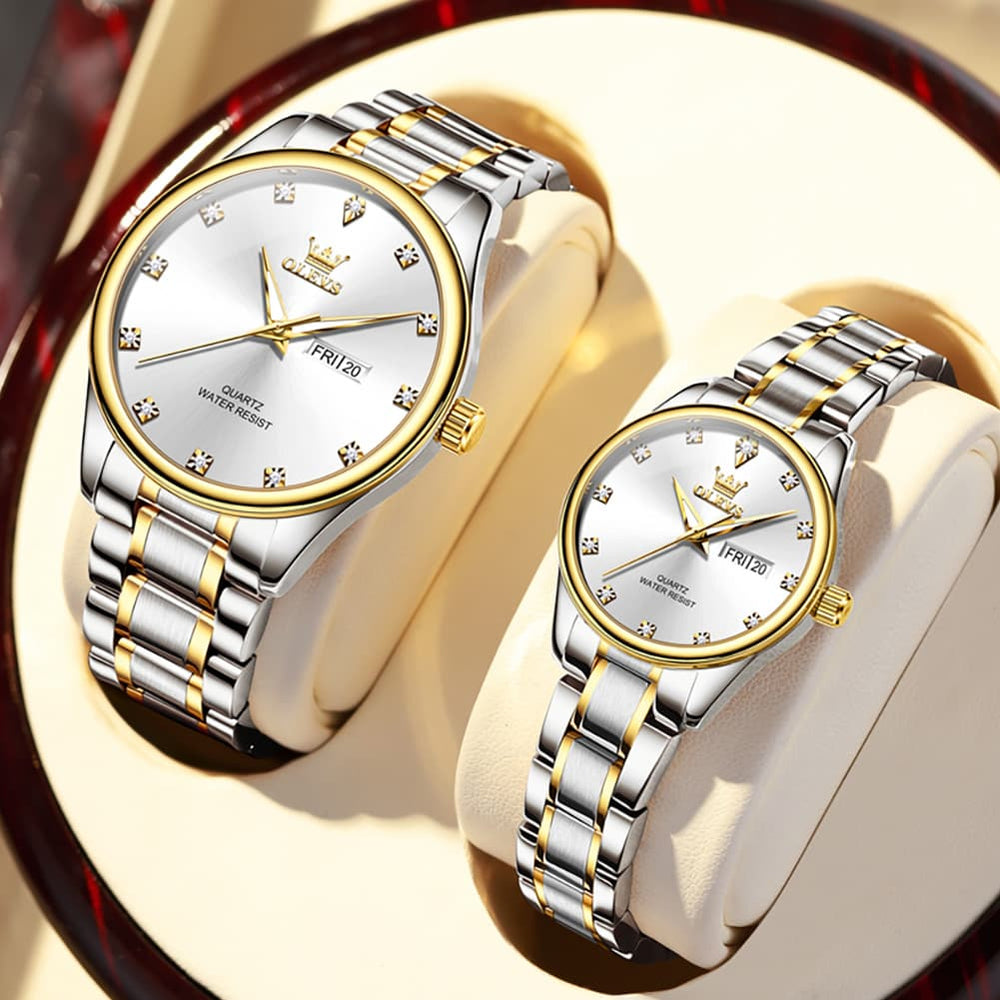 OLEVS 3612Q Diamond Dial Quartz Couple Watches Set - Two Tone White Watch | Olevs Watch Store