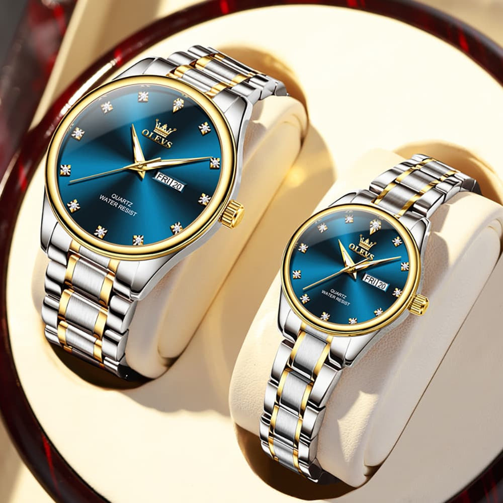 OLEVS 3612Q Diamond Dial Quartz Couple Watches Set - Two Tone White Watch | Olevs Watch Store