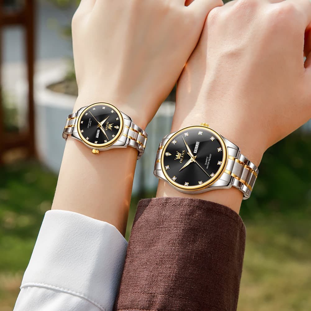 OLEVS 3612Q Diamond Dial Quartz Couple Watches Set - Two Tone White Watch | Olevs Watch Store