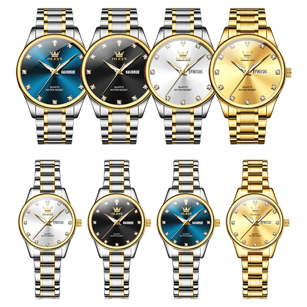OLEVS 3612Q Diamond Dial Quartz Couple Watches Set - Two Tone White Watch | Olevs Watch Store