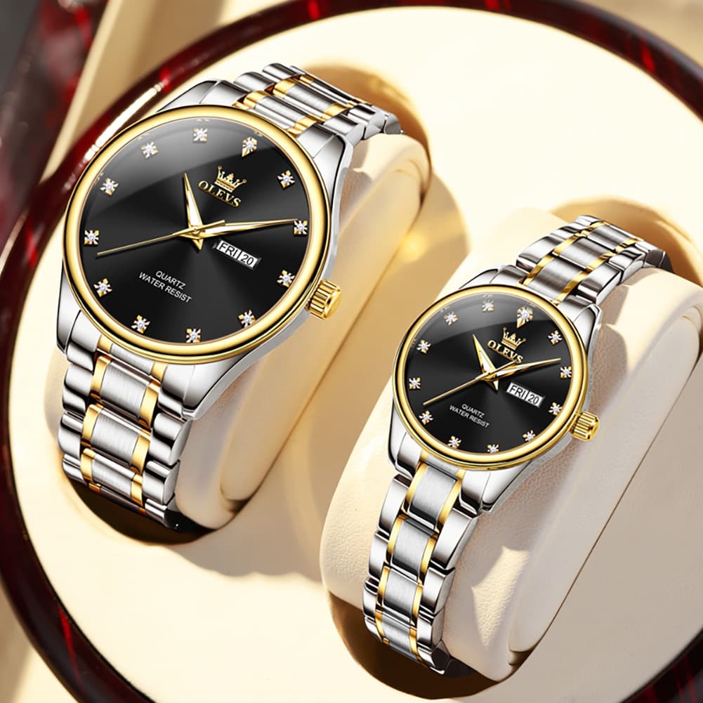 OLEVS 3612Q Diamond Dial Quartz Couple Watches Set - Two Tone White Watch | Olevs Watch Store
