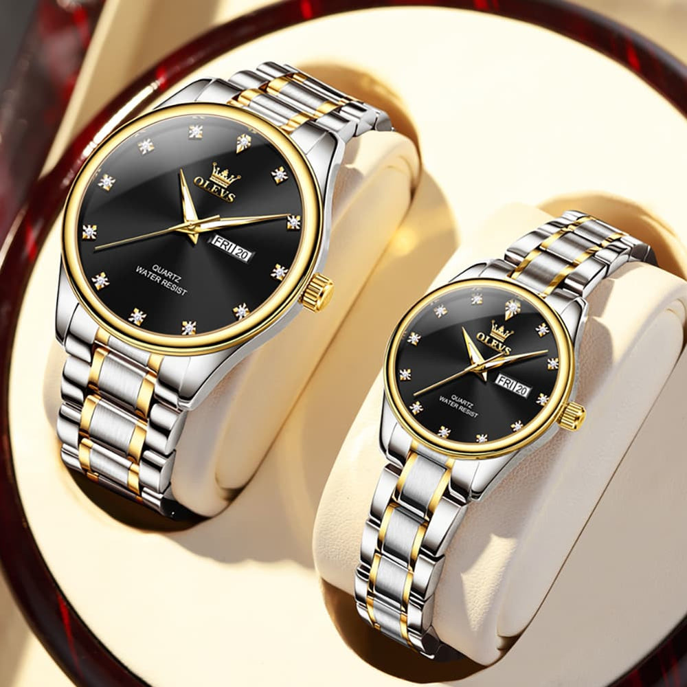 OLEVS 3612Q Diamond Dial Quartz Couple Watches Set - Two Tone White Watch | Olevs Watch Store