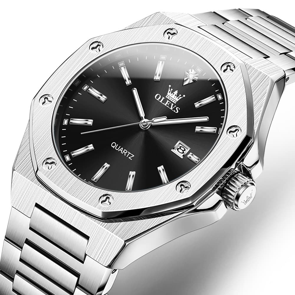 OLEVS 3613 Octagonal Bezel Quartz Steel Watch for Men - All Black Watch | Olevs Watch Store