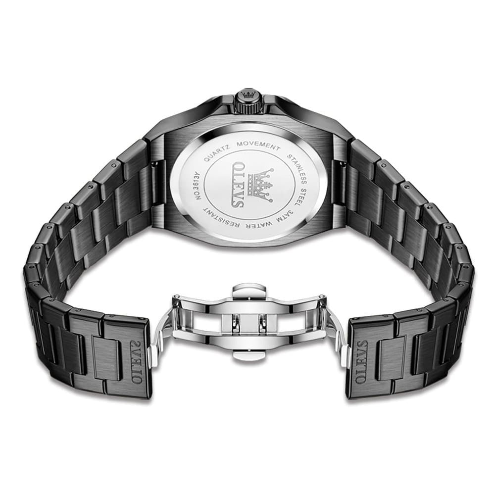 OLEVS 3613 Octagonal Bezel Quartz Steel Watch for Men - All Black Watch | Olevs Watch Store