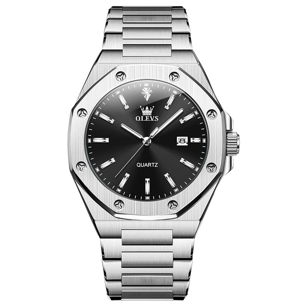 OLEVS 3613 Octagonal Bezel Quartz Steel Watch for Men - Silver Black Watch | Olevs Watch Store