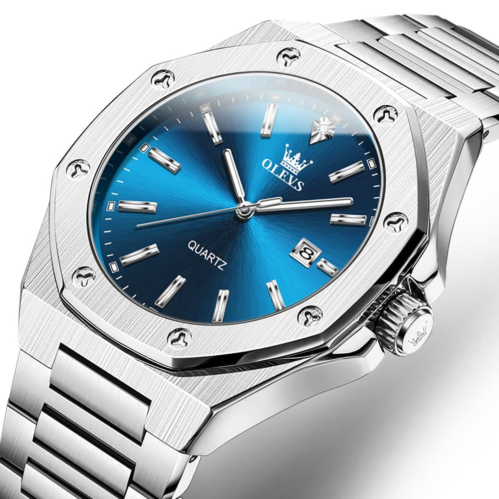 OLEVS 3613 Octagonal Bezel Quartz Steel Watch for Men - Silver Blue Watch | Olevs Watch Store